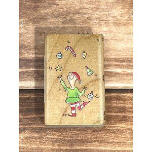 ALL NIGHT MEDIA ELF GAMES 804F WOOD MOUNT RUBBER STAMP JUGGLING BY JANET CLELAND